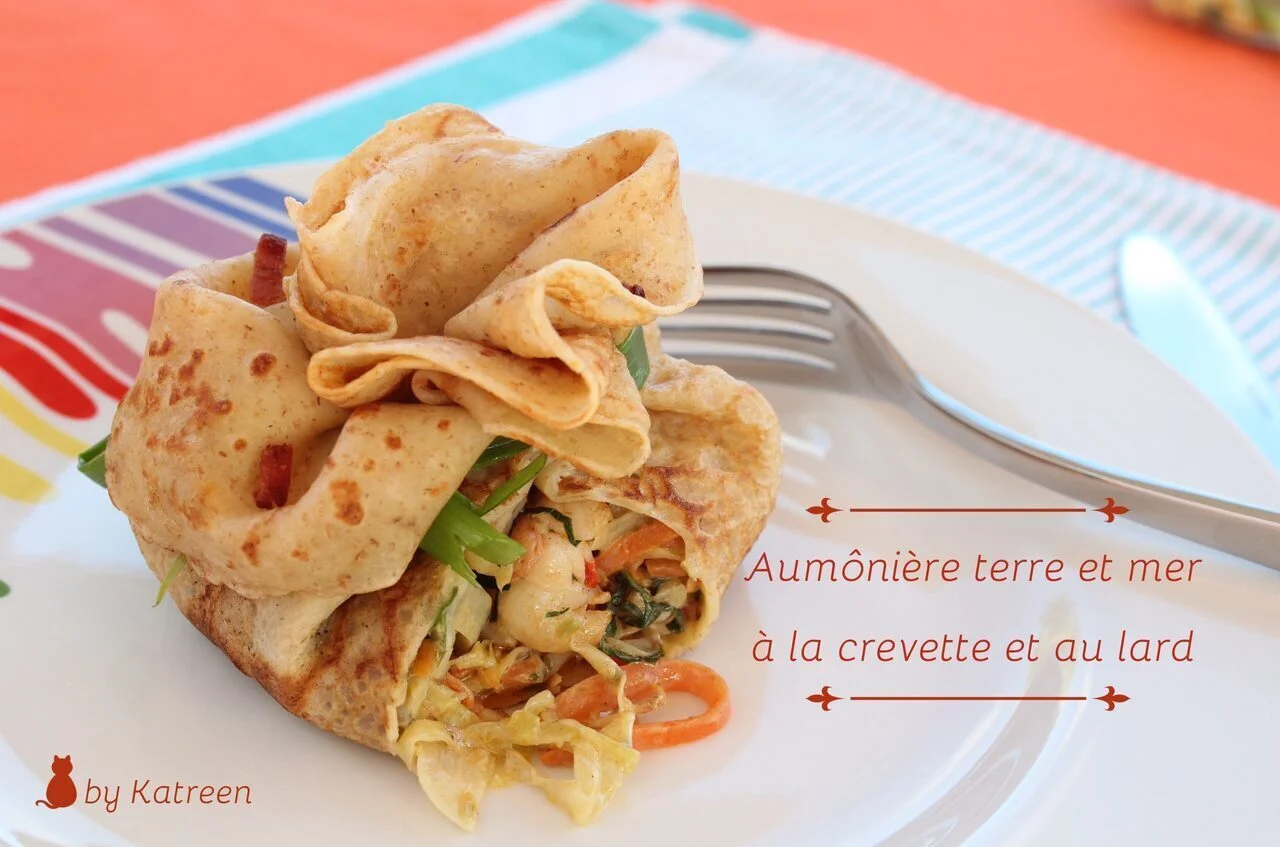 Aumônière terre-mer crevettes et lard grillé