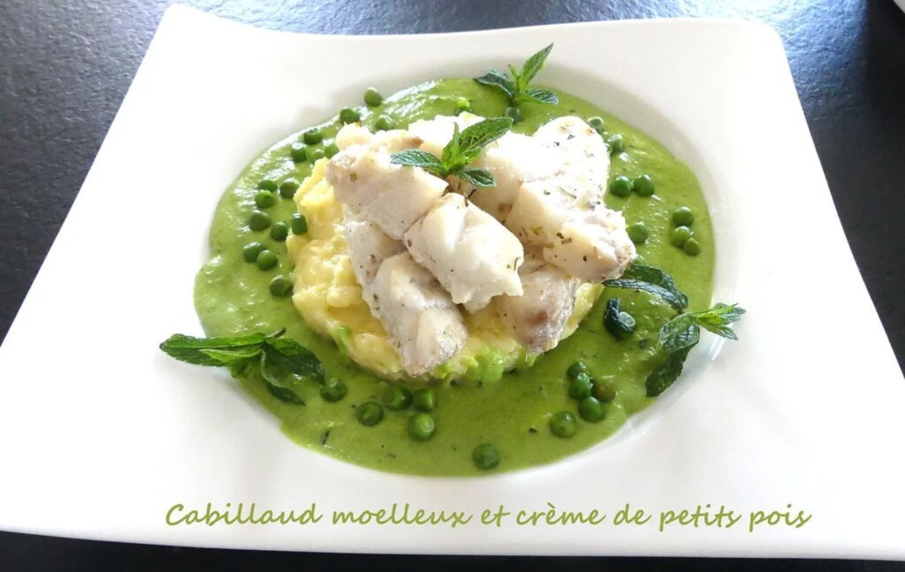Cabillaud moelleux et crème de petits pois