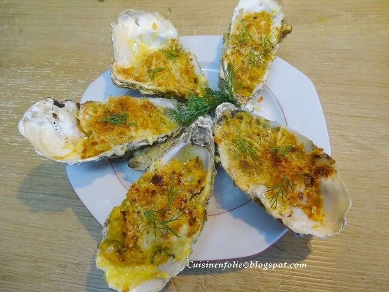 Huîtres gratinées, poireau, safran et aneth