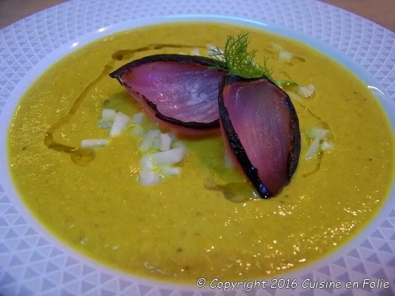 Velouté carotte, poireau, christophine, lentilles corail