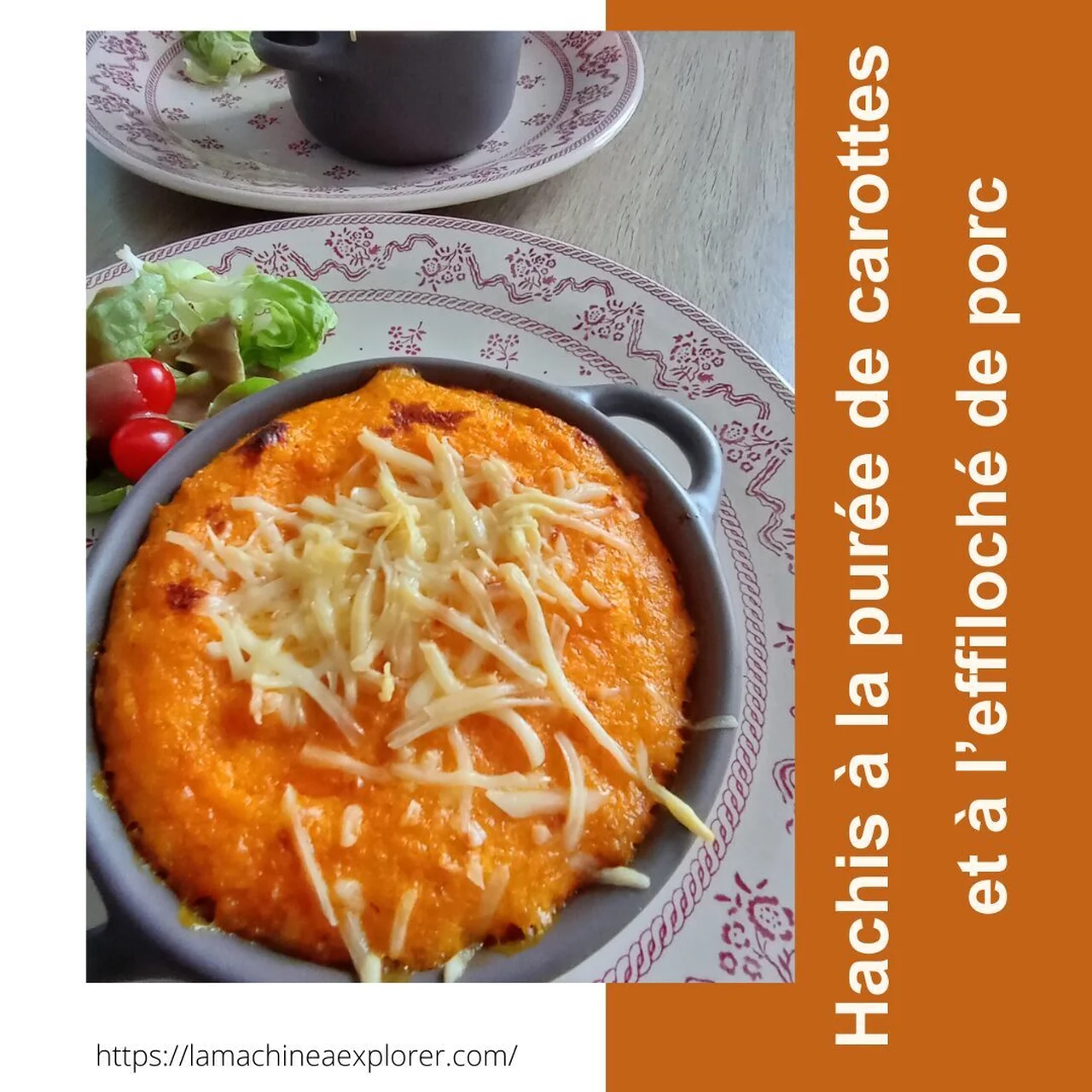 Hachis à la purée de carottes et effiloché de porc
