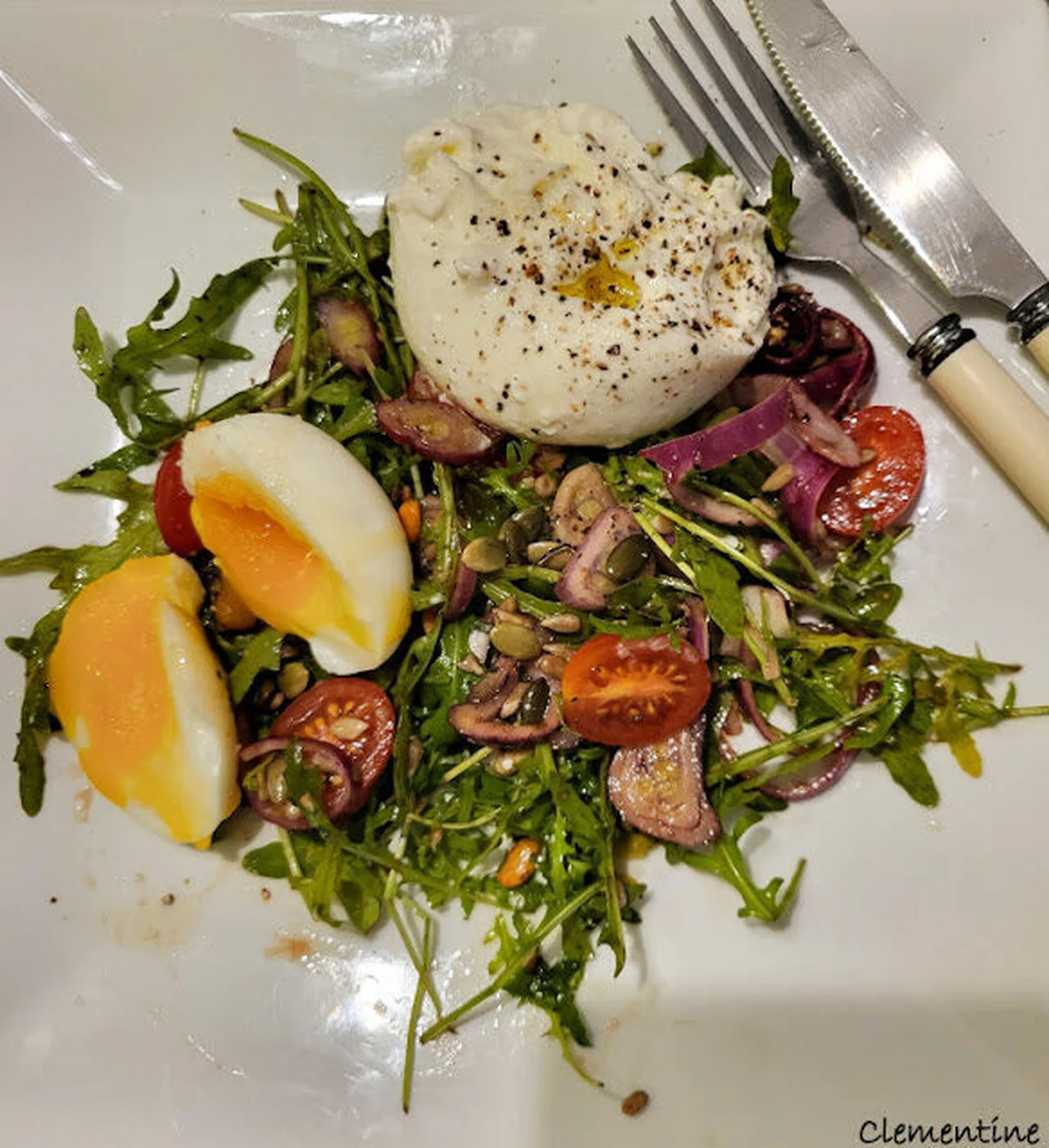Salade de roquette, oignons rouges, tomates et burrata