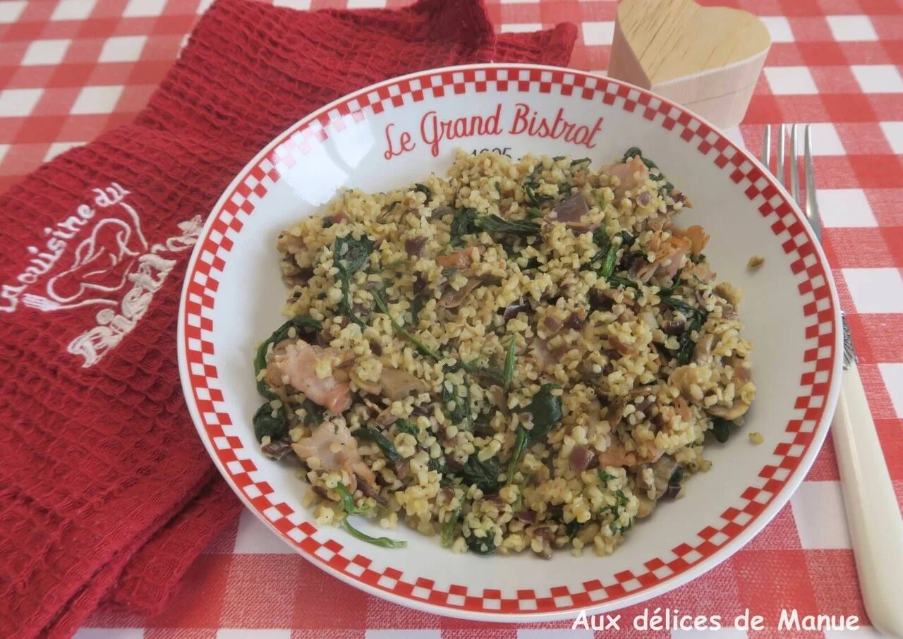 Boulgour aux épinards, champignons et bacon à la crème