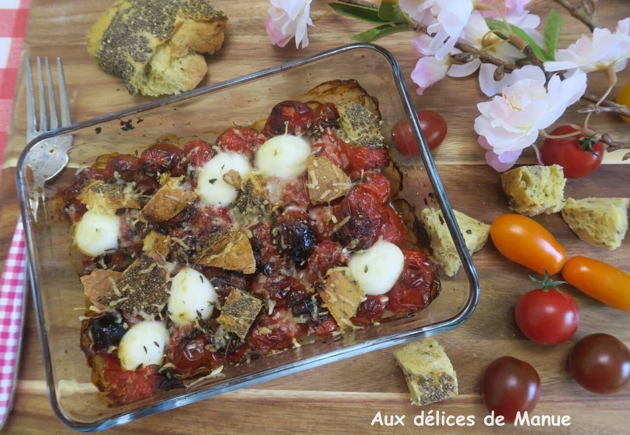 Tomates rôties au pain et mozzarella
