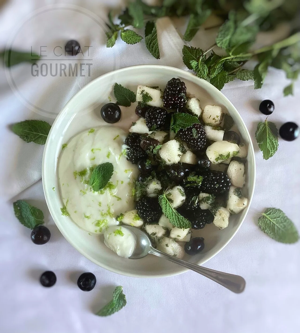 Salade melon, myrtilles, mûres et ricotta sucrée
