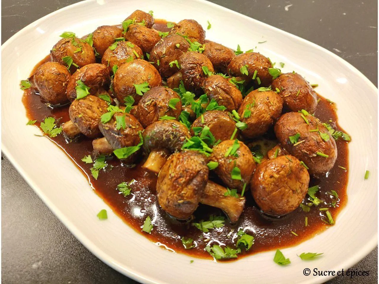 Champignons au four, sauce soja et balsamique
