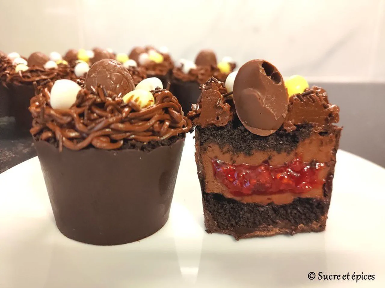 Coupelles chocolat framboise nids de Pâques