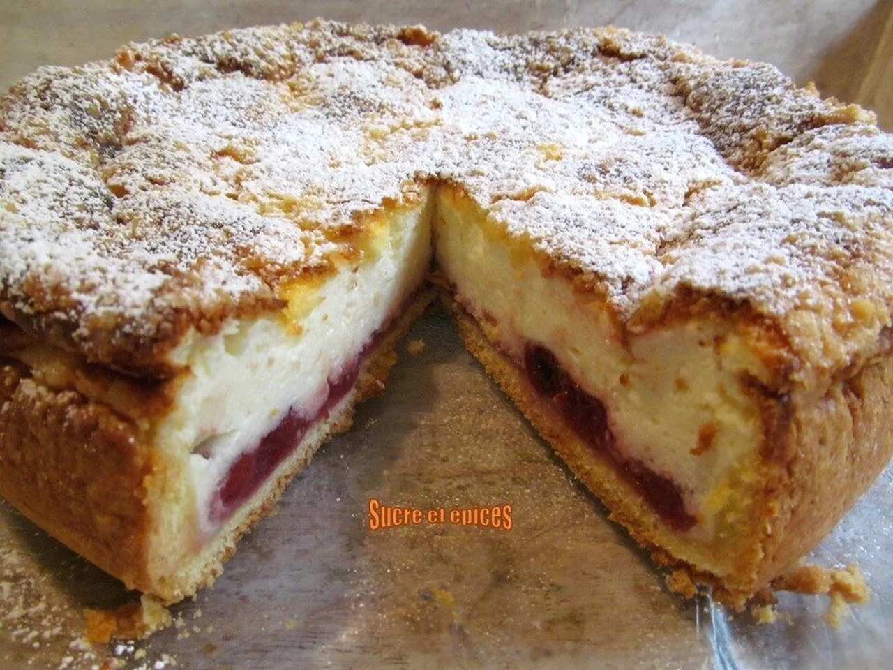 Tarte fromage frais aux griottes avec streusel