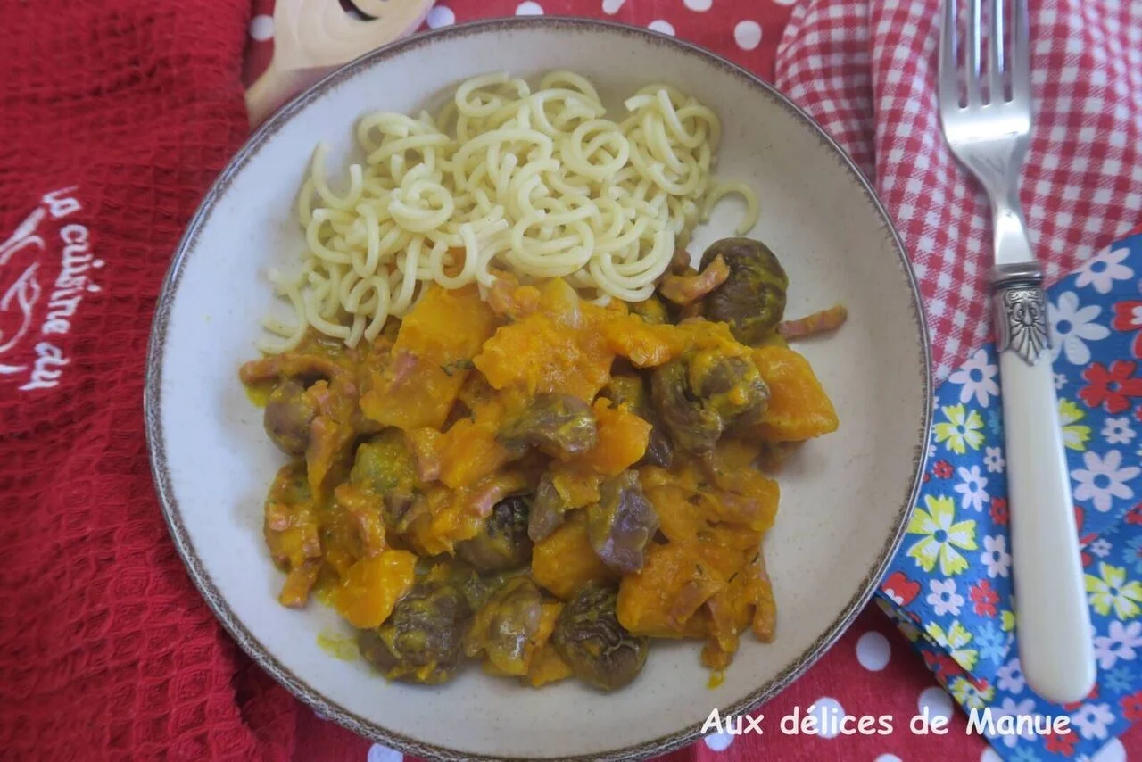 Poêlée de potimarron aux châtaignes, crème et bacon