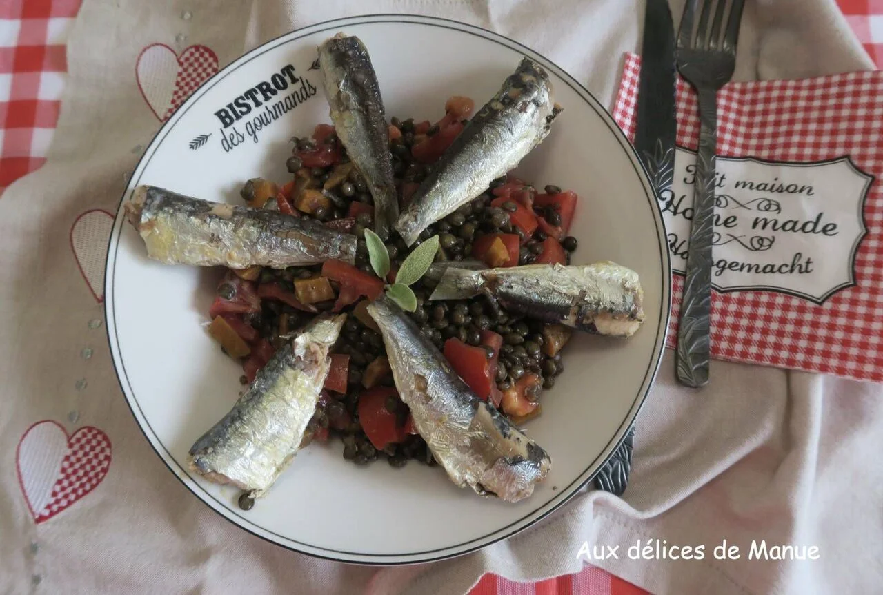 Salade de lentilles aux sardines et tomates