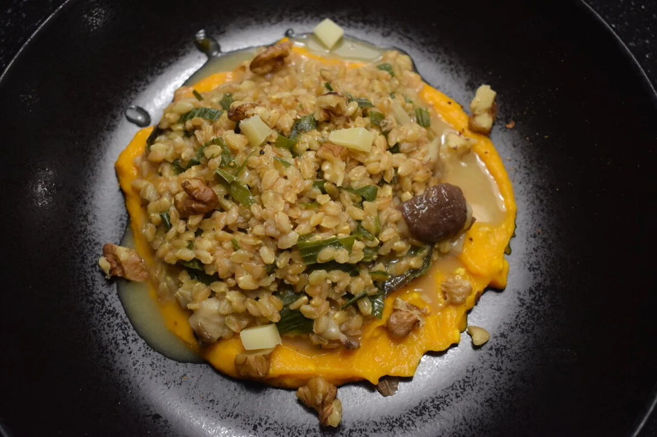 Risotto épeautre champignons, crème de potimarron au chèvre