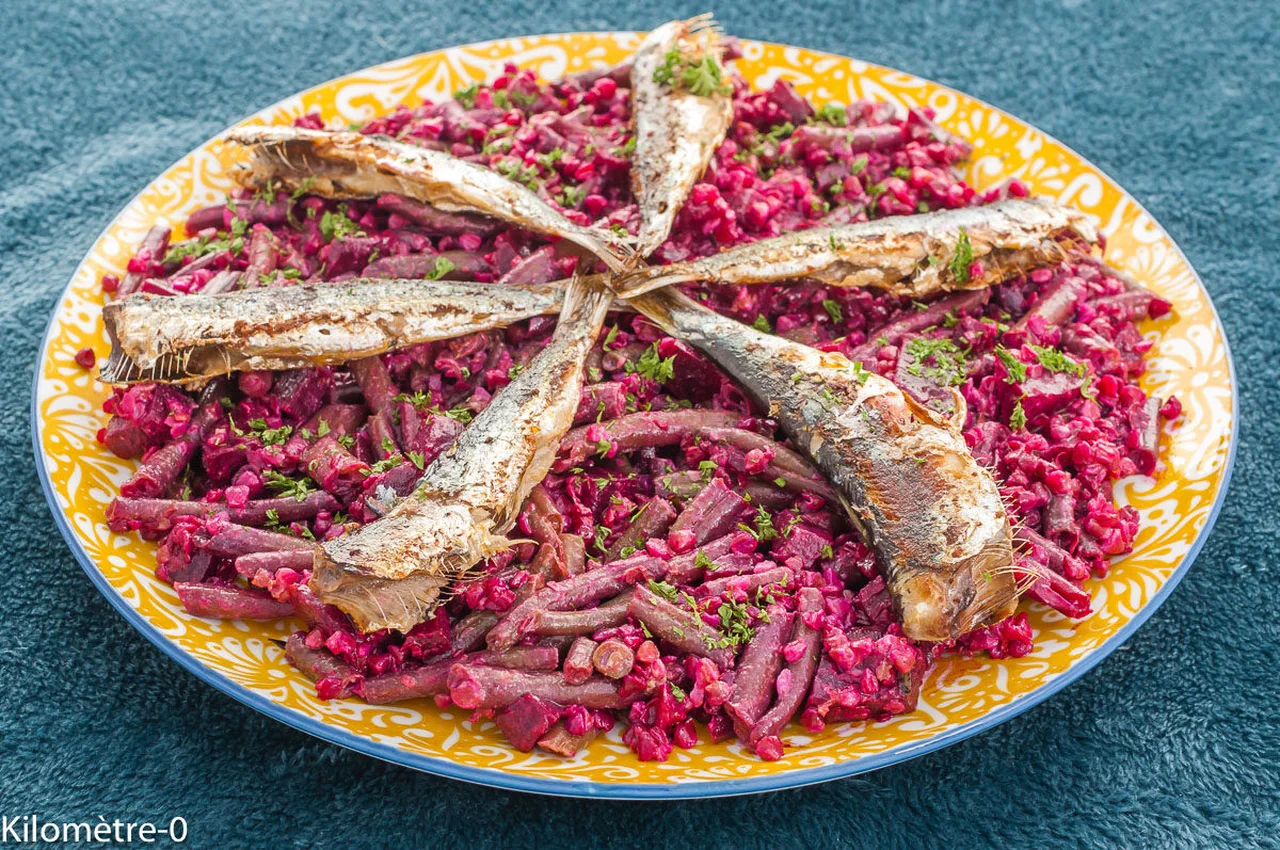 Salade de kasha, betteraves, haricots verts et sardines
