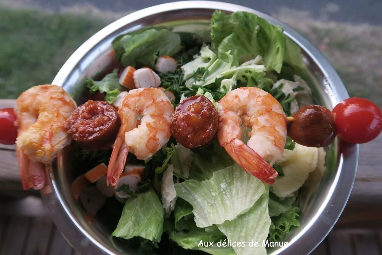 Brochettes de crevettes au chorizo et tomates cerises