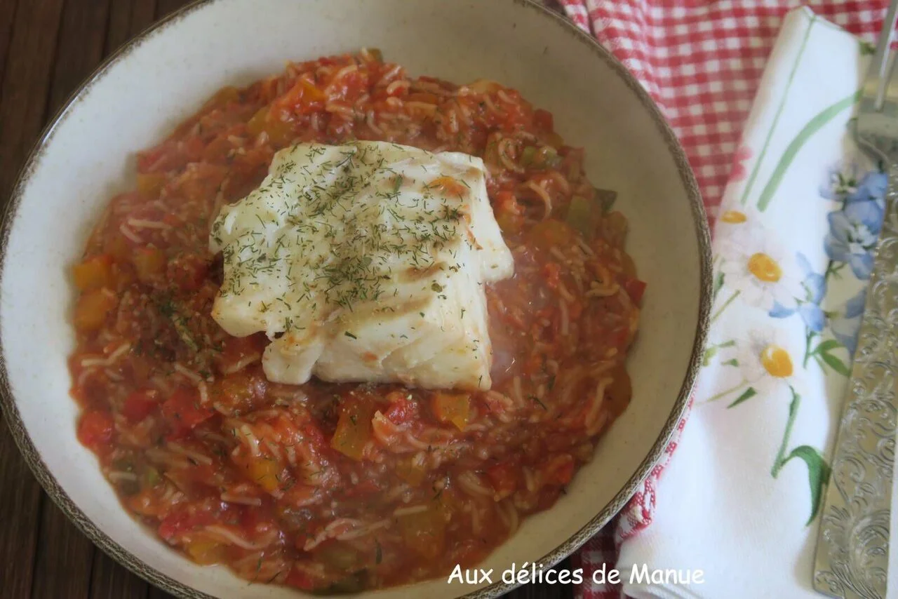 Cabillaud à la sauce tomate, poivron et cheveux d'ange