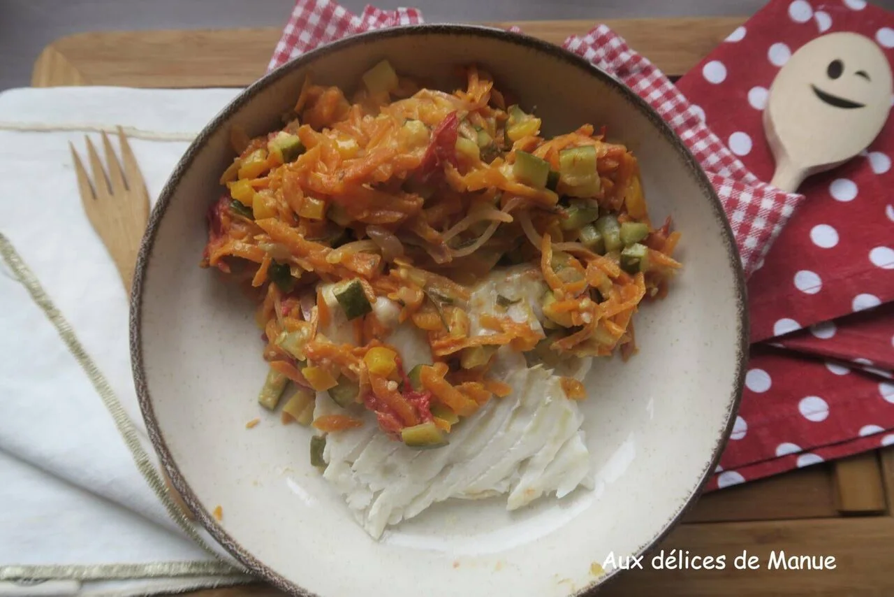 Dos de cabillaud aux petits légumes sauce moutardée