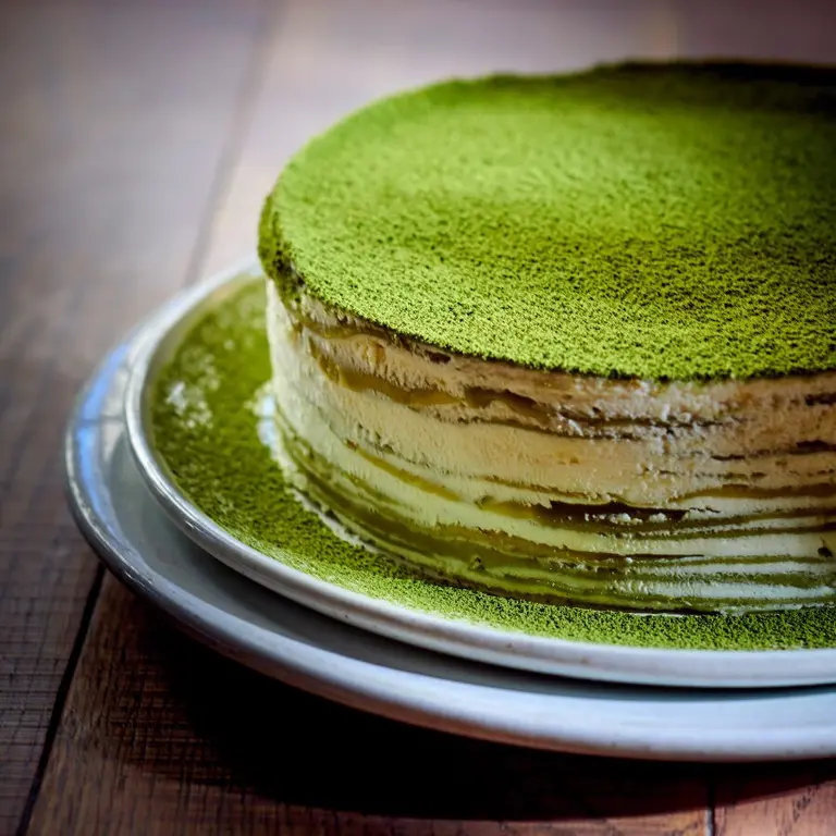 Mille-crêpes au thé matcha, crème au yuzu