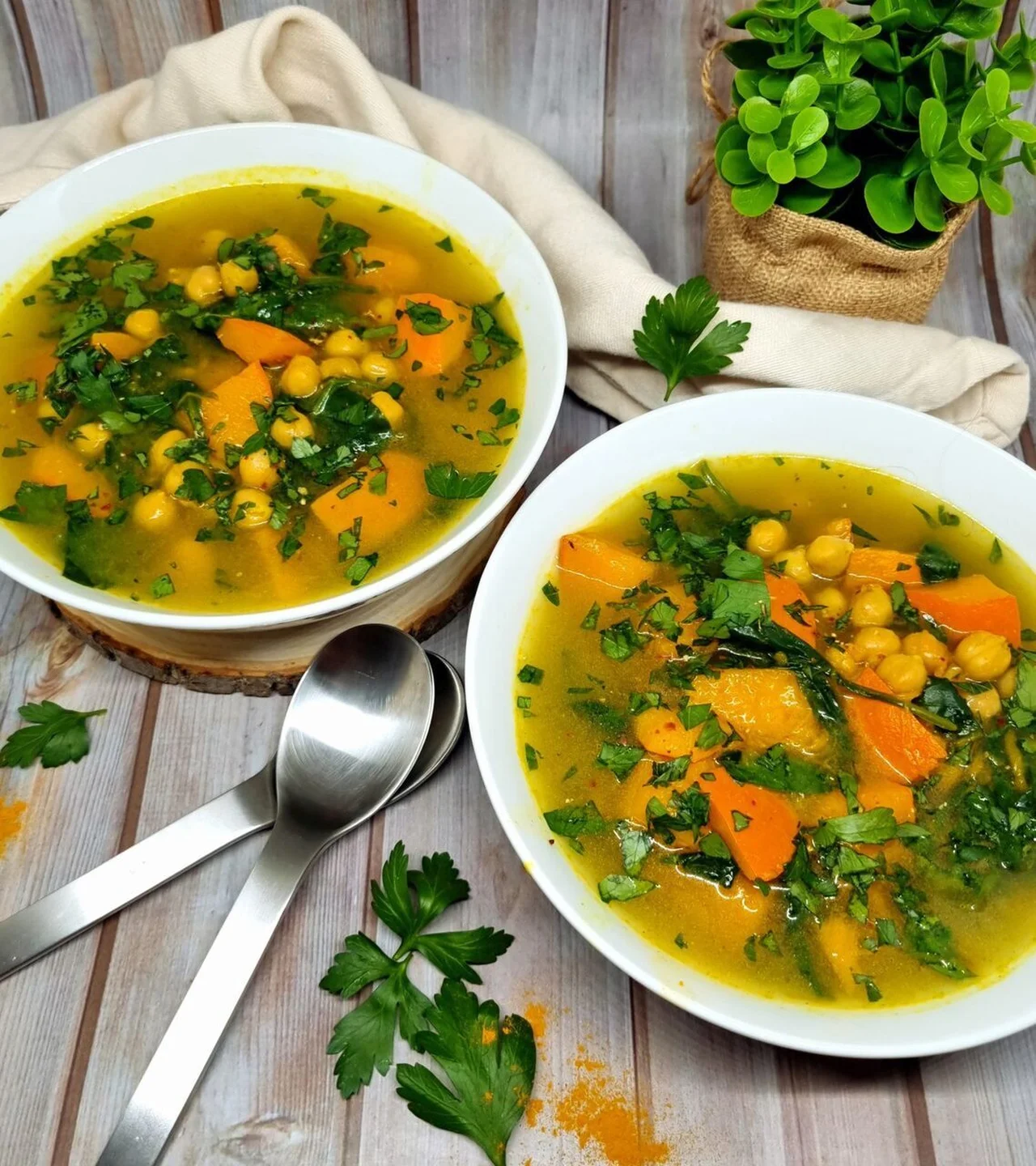 Soupe potimarron, pois chiches et épinards