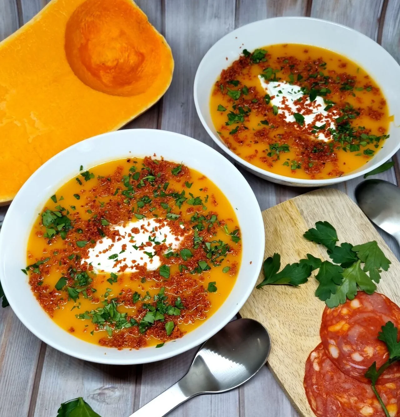Velouté de butternut au chorizo et à la burrata