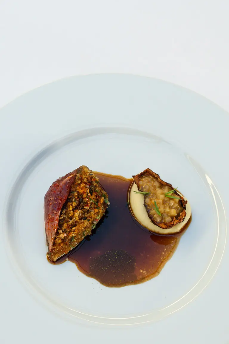 Pigeon, risotto de topinambour au foie gras