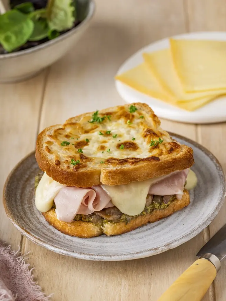 Croque à la raclette, confit d'oignons et pesto
