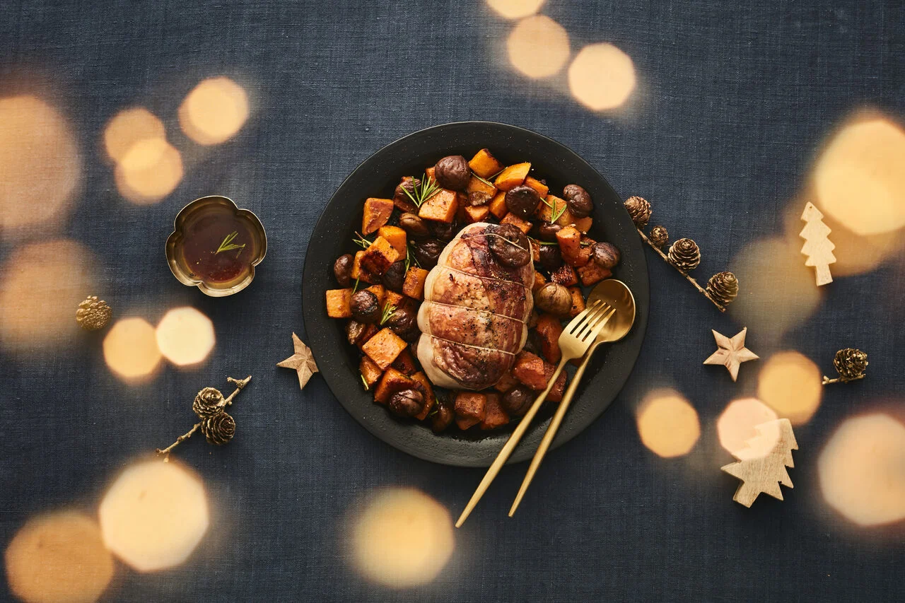 Rôti de chapon figues foie gras, butternut et châtaignes