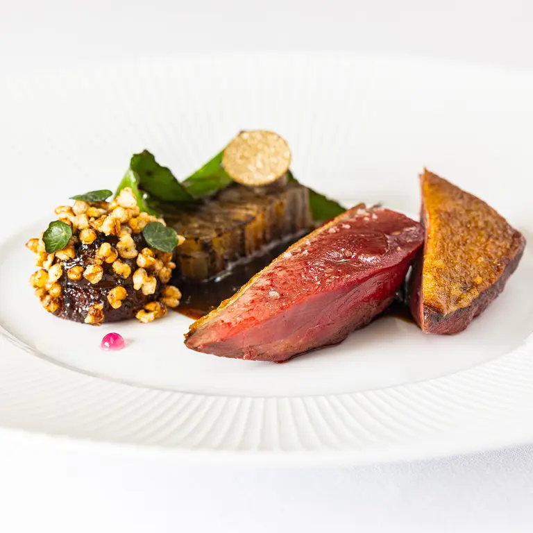 Pigeon, millefeuille de betterave et sauce salmis