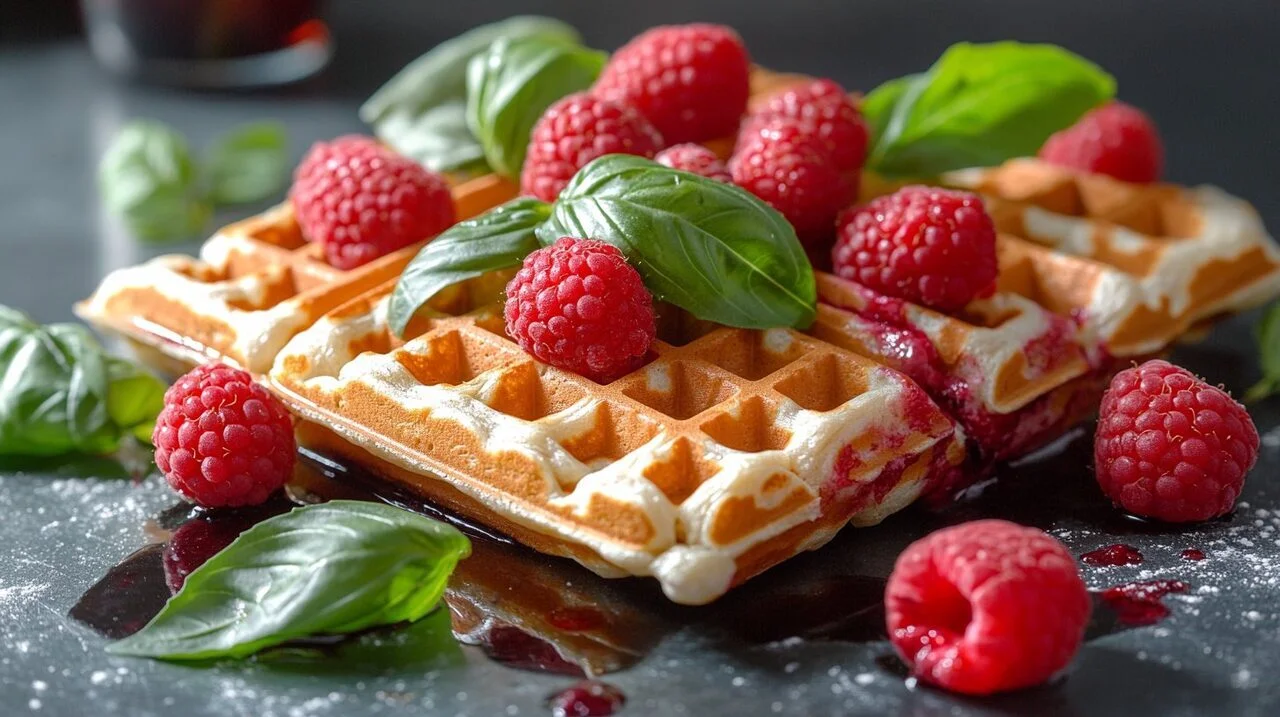 Gaufres chocolat blanc, framboises et basilic