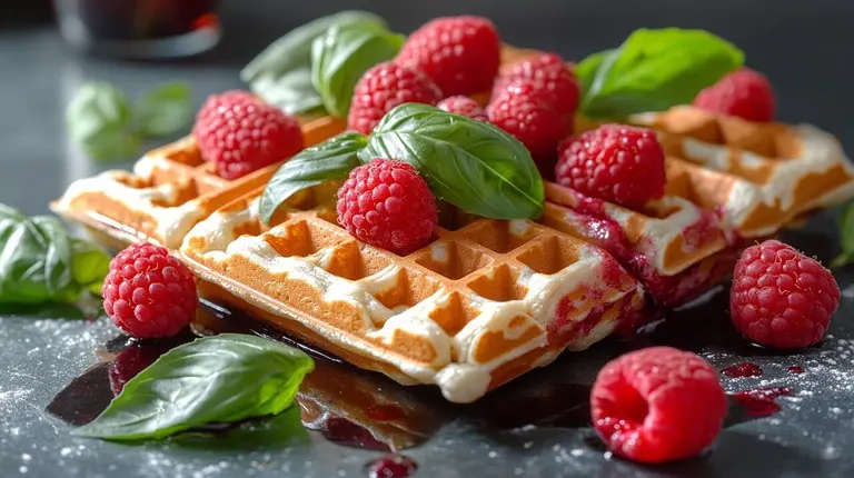 Gaufres chocolat blanc, framboises et basilic