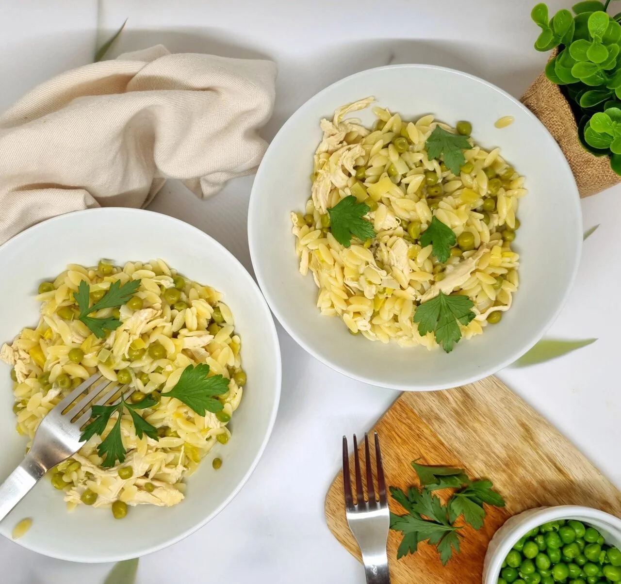 Orzotto petits pois, poireau et poulet