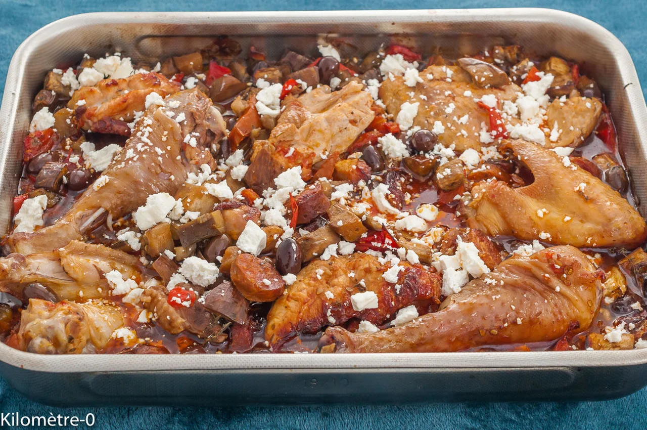 Poulet rôti au chorizo, légumes d'été et feta