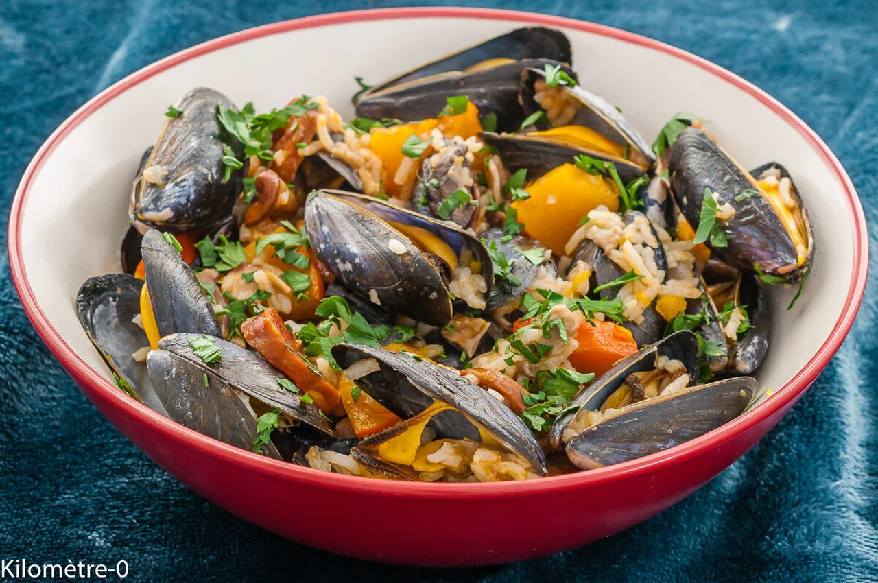 Moules au riz, potimarron et chorizo