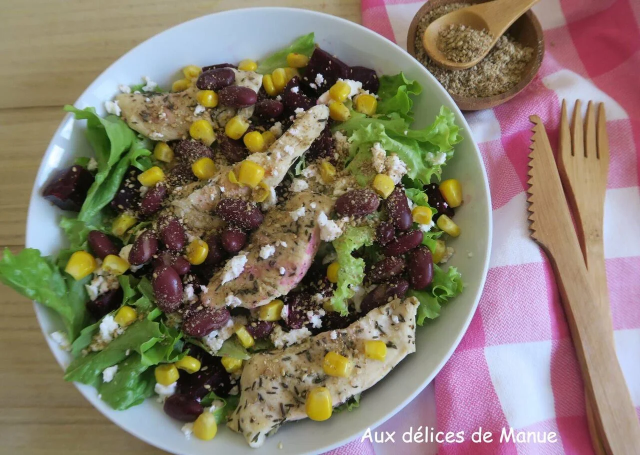 Salade poulet grillé, haricots rouges et betterave