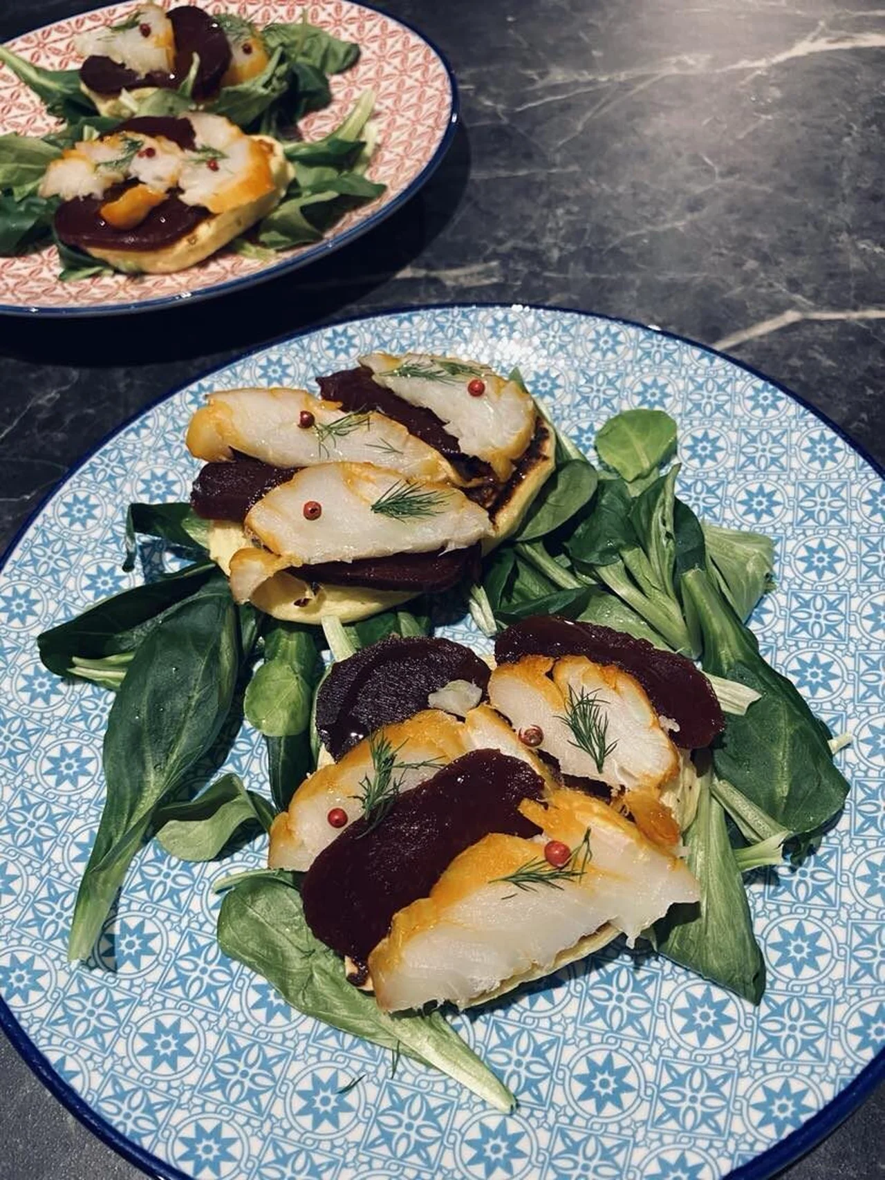 Blinis de pommes de terre, haddock et betterave