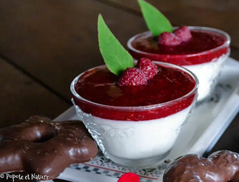 Panna cotta feuilles de figuier et coulis de framboises