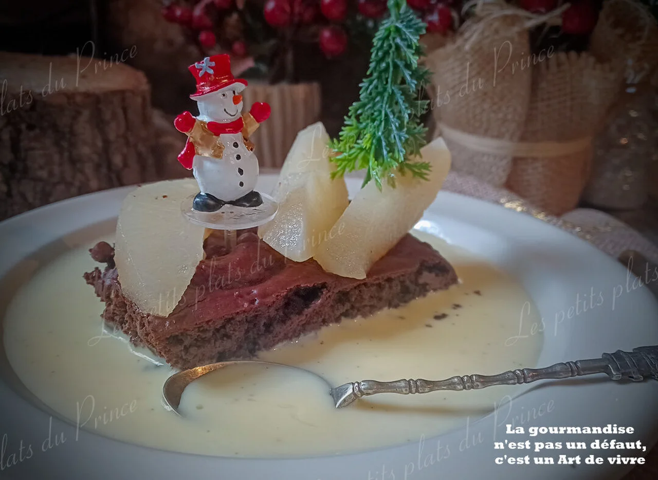 Brownie healthy aux haricots rouges et poire pochée
