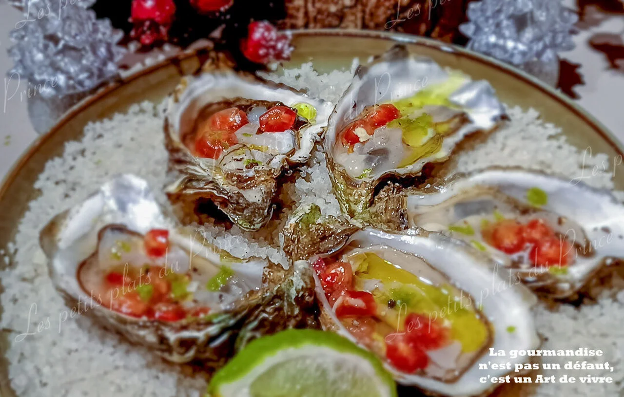 Huîtres au citron combawa, grenade et poivre de Kâmpôt
