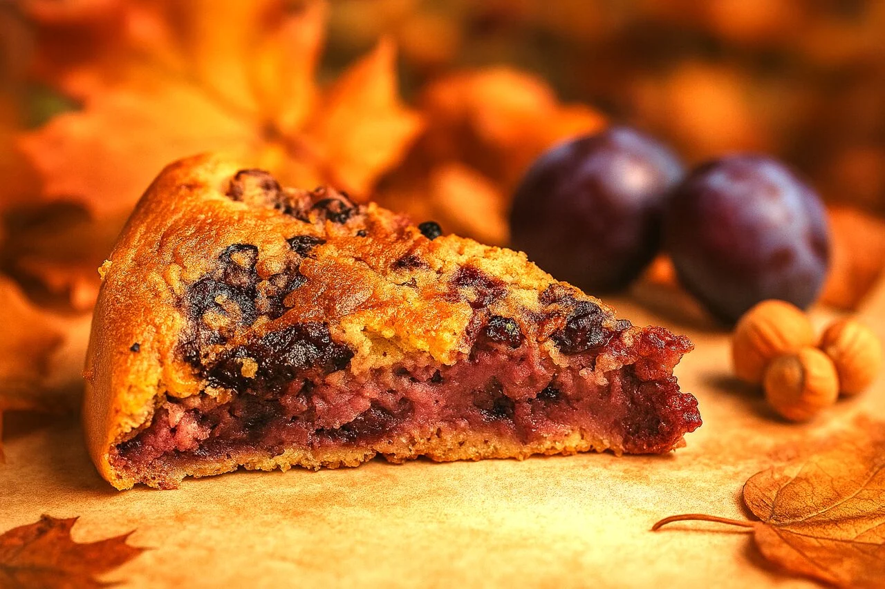 Gâteau crousti-fondant aux prunes et noisettes