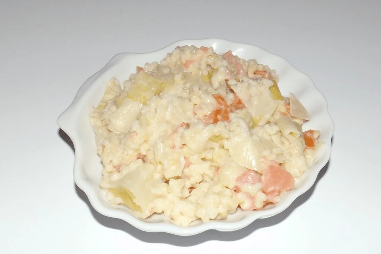 Perles aux poireaux, saumon fumé et roquefort