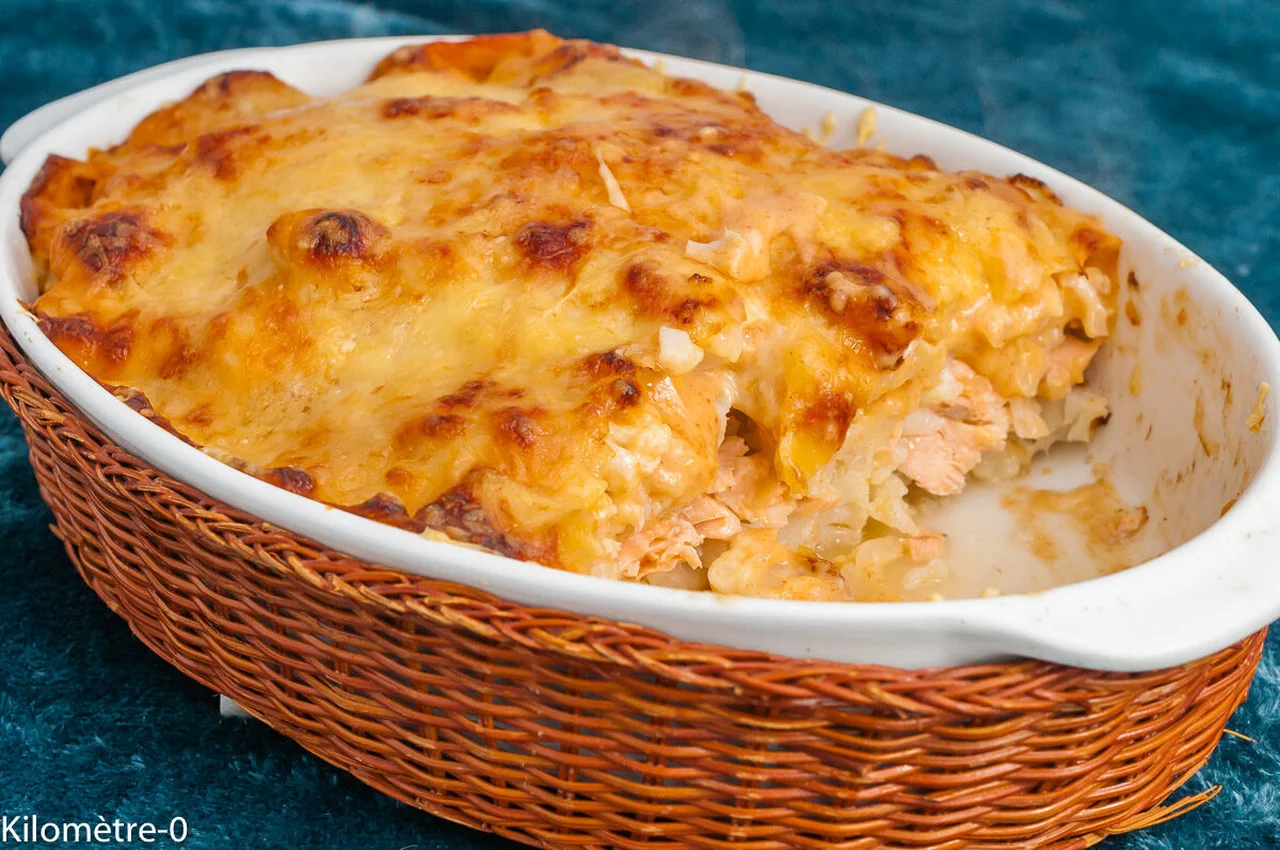 Gratin de chou-fleur au saumon, sauce aurore