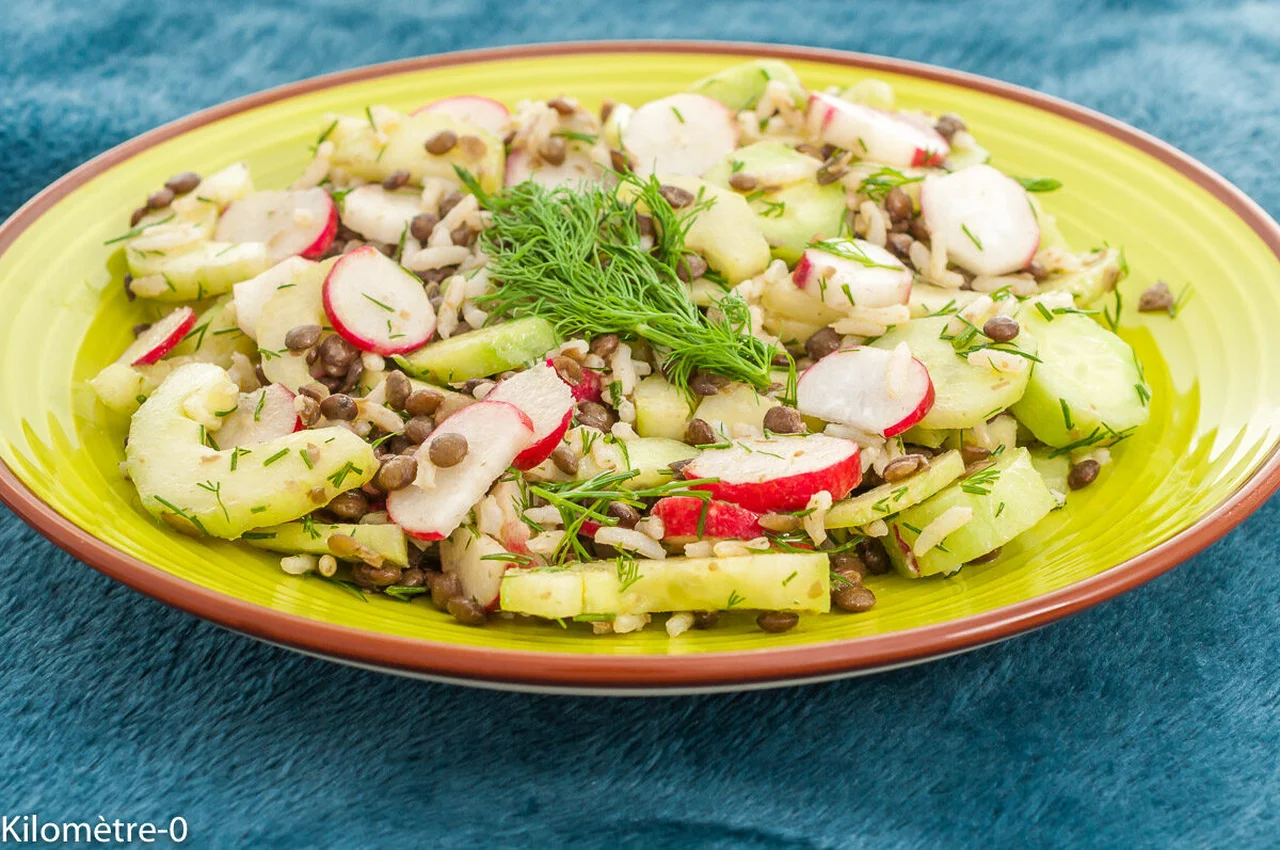 Salade de riz et lentilles au concombre et radis