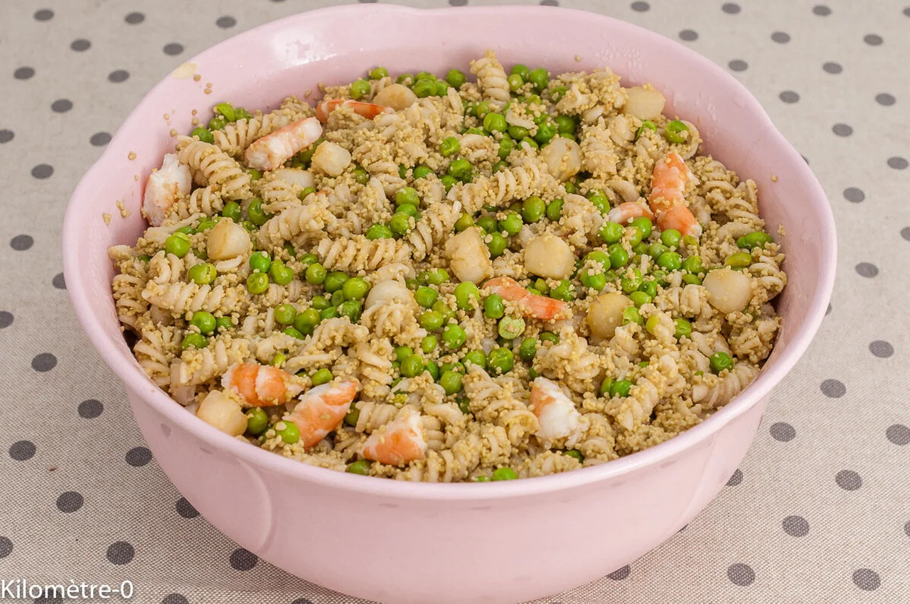 Taboulé pois cassés, pâtes, crevettes et pétoncles