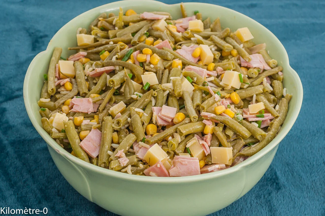 Salade de haricots verts, riz, maïs, jambon et comté