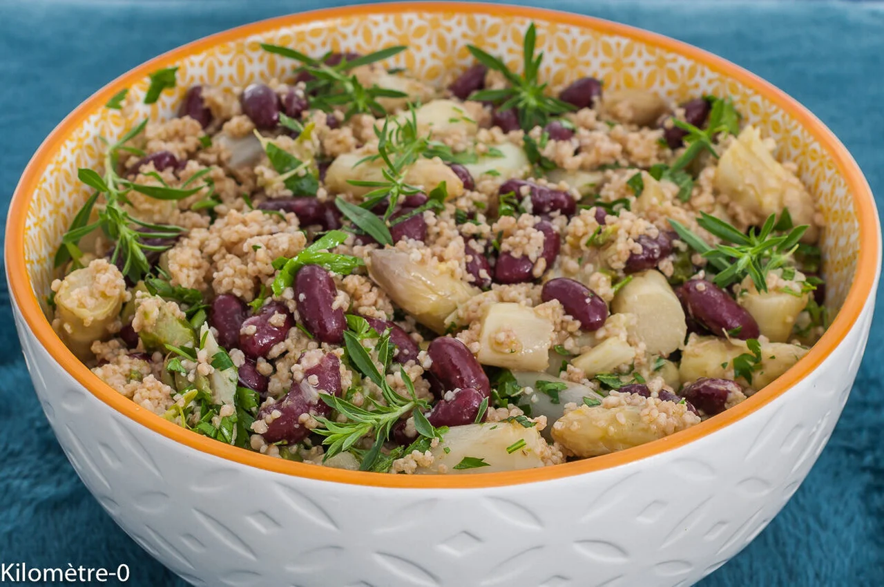 Salade de semoule et haricots rouges aux pointes d'asperges