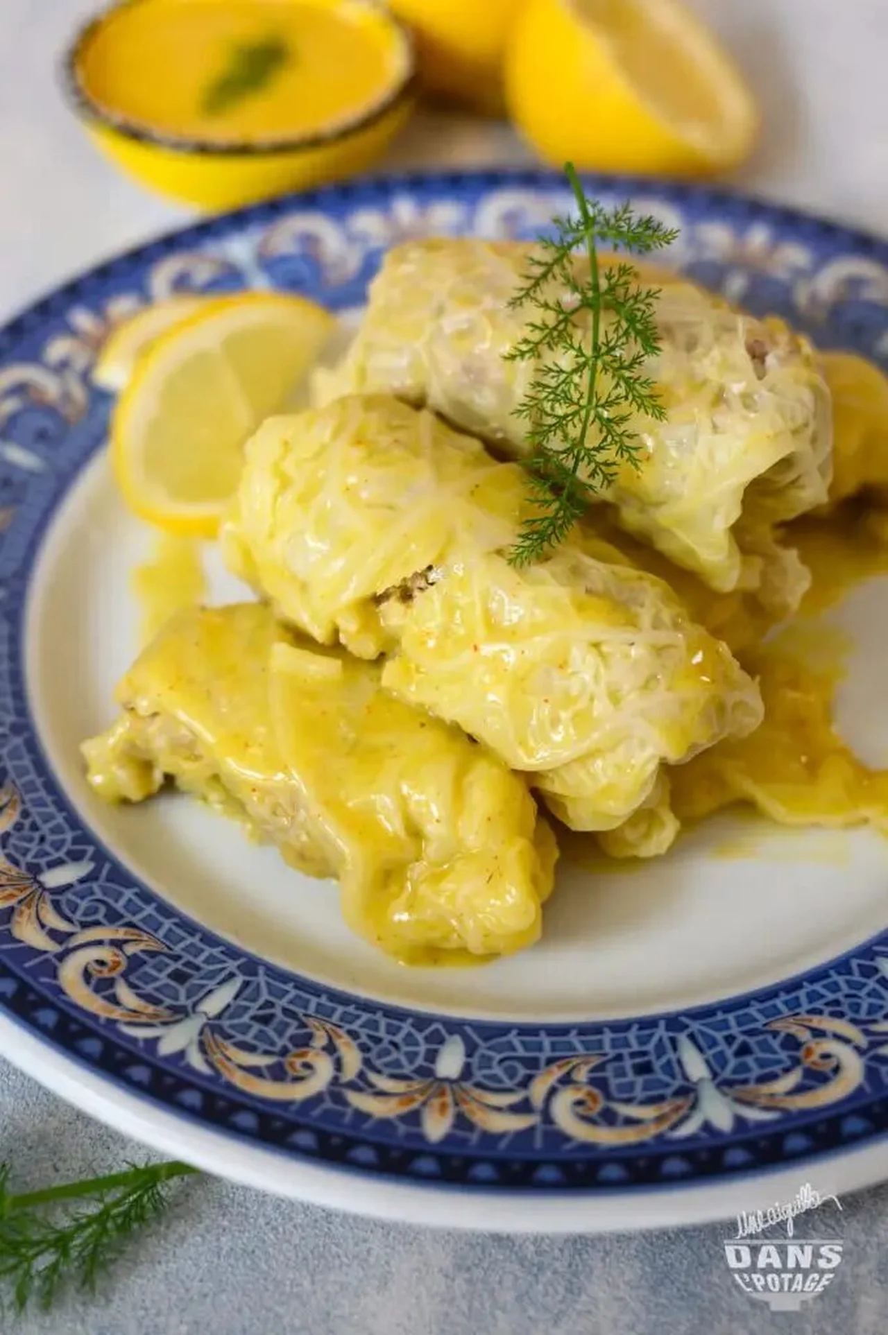 Feuilles de chou farcies, sauce citron