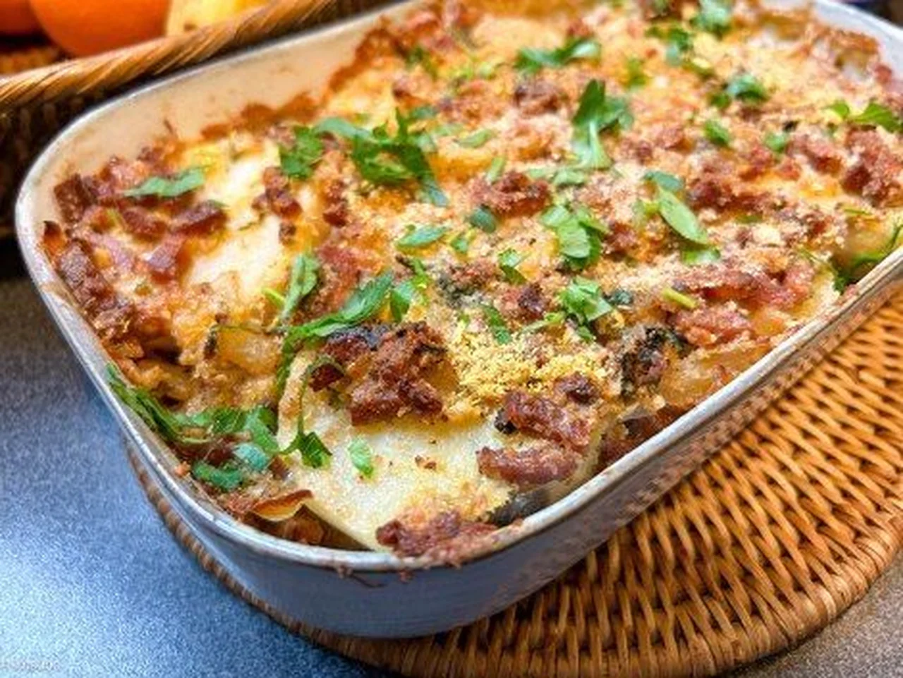 Gratin de patate douce au lard végétal