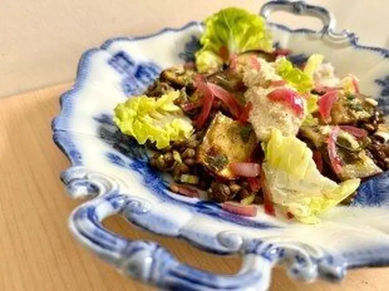 Salade d'aubergines, lentilles et ricotta