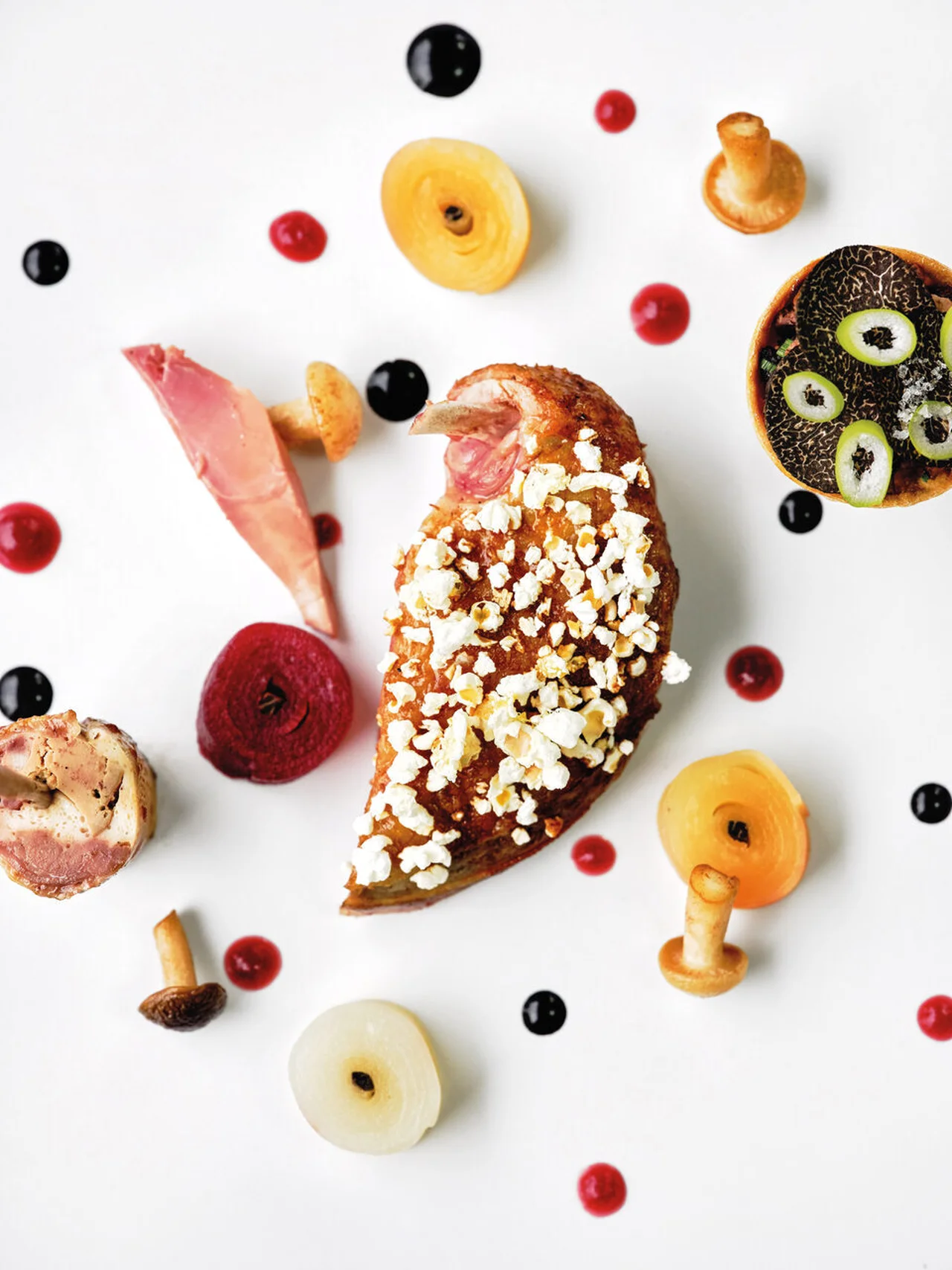 Pigeonneau, pop-corn, et betteraves multicolores