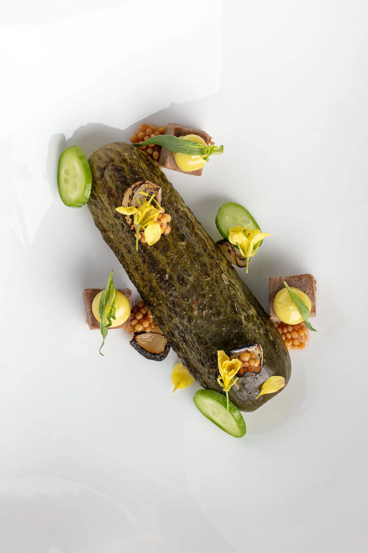 Cornichon, langue de boeuf, gel piment et mayonnaises