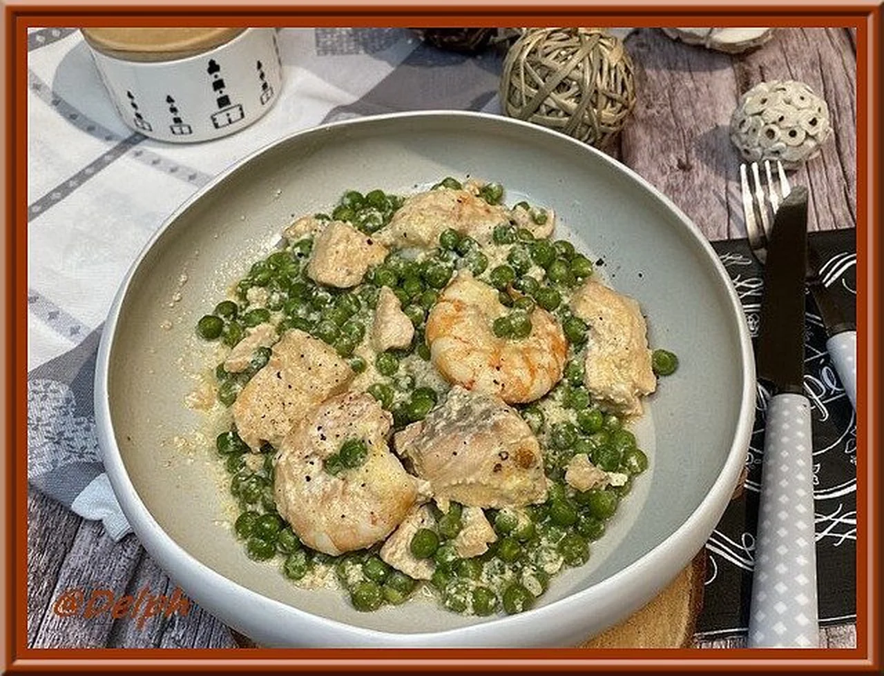 Curry de saumon, gambas et petits pois