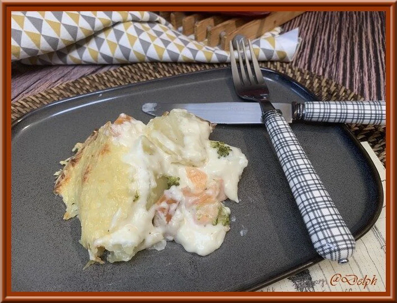 Gratin brocoli, pommes de terre et saumon fumé